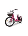 vélo électrique rose féminin avec panier en osier